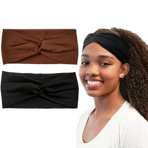Hjiaruiky 2Pcs Turban Headbands for Women Boho Stretchy Fashion Headbands Fabric Twist Knotted Cloth Cute Thick Headband Head Wraps for Womens Girls Black (Brown Black)