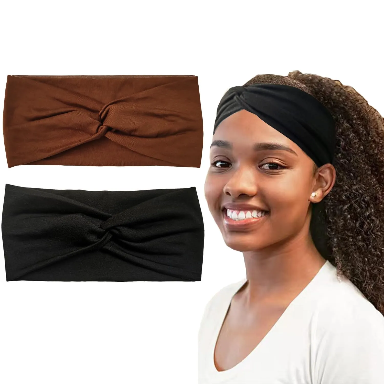 Hjiaruiky 2Pcs Turban Headbands for Women Boho Stretchy Fashion Headbands Fabric Twist Knotted Cloth Cute Thick Headband Head Wraps for Womens Girls Black (Brown Black)