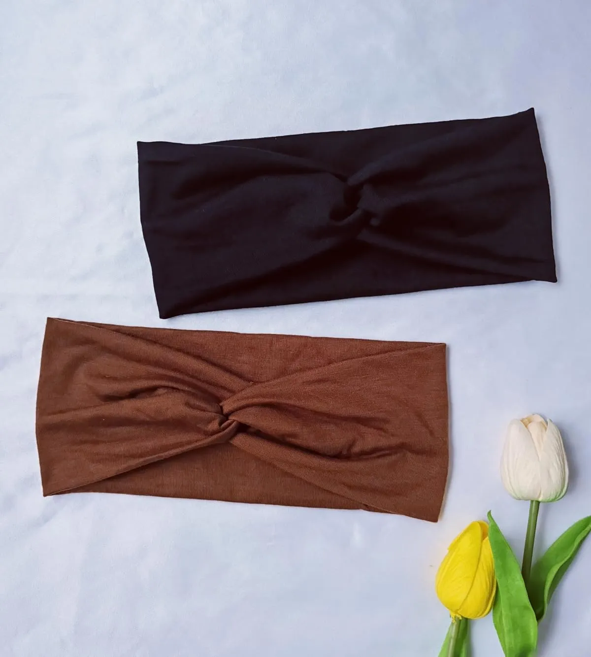 Hjiaruiky 2Pcs Turban Headbands for Women Boho Stretchy Fashion Headbands Fabric Twist Knotted Cloth Cute Thick Headband Head Wraps for Womens Girls Black (Brown Black)