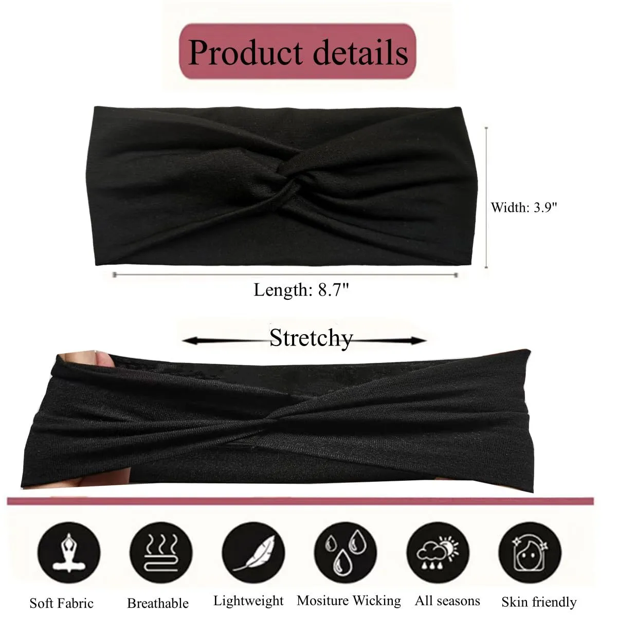 Hjiaruiky 2Pcs Turban Headbands for Women Boho Stretchy Fashion Headbands Fabric Twist Knotted Cloth Cute Thick Headband Head Wraps for Womens Girls Black (Dark Grey Black)