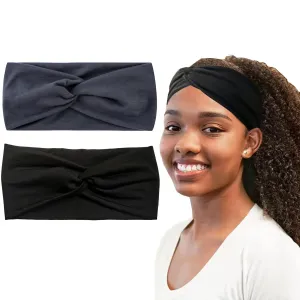 Hjiaruiky 2Pcs Turban Headbands for Women Boho Stretchy Fashion Headbands Fabric Twist Knotted Cloth Cute Thick Headband Head Wraps for Womens Girls Black (Dark Grey Black)