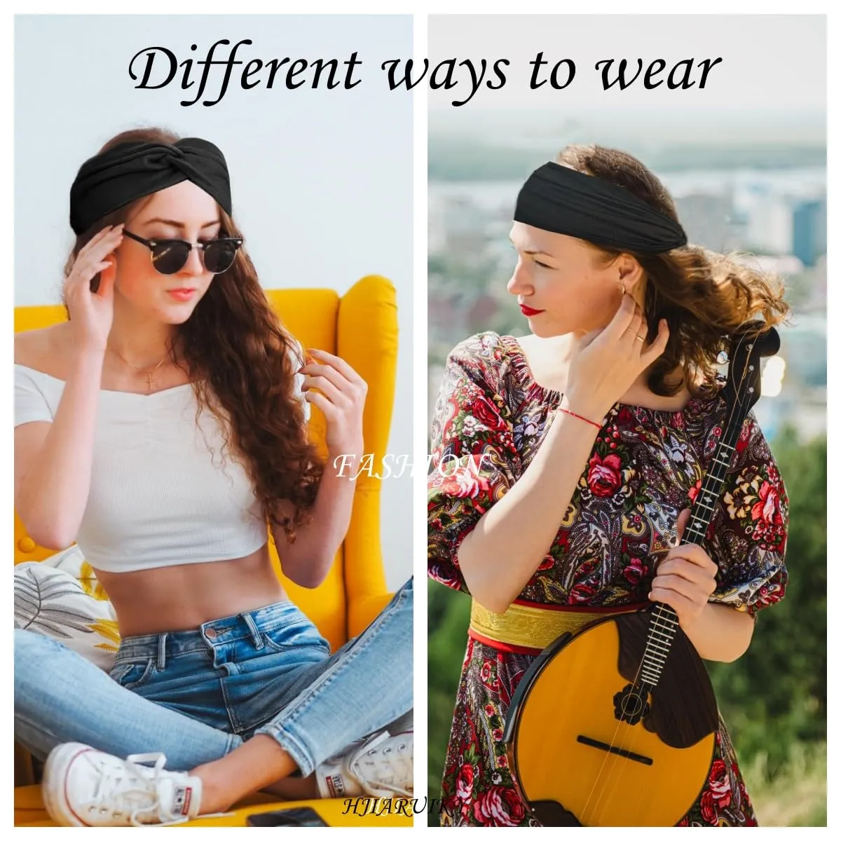 Hjiaruiky 2Pcs Turban Headbands for Women Boho Stretchy Fashion Headbands Fabric Twist Knotted Cloth Cute Thick Headband Head Wraps for Womens Girls Black (Dark Grey Black)
