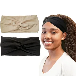 Hjiaruiky 2Pcs Turban Headbands for Women Boho Stretchy Fashion Headbands Fabric Twist Knotted Cloth Cute Thick Headband Head Wraps for Womens Girls Black (Khaki Black)