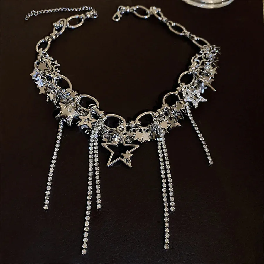 Hollow Silver Color Star Choker Necklaces Long Tassel Rhinestone Clavicle Chain Necklaces Statements Jewelry