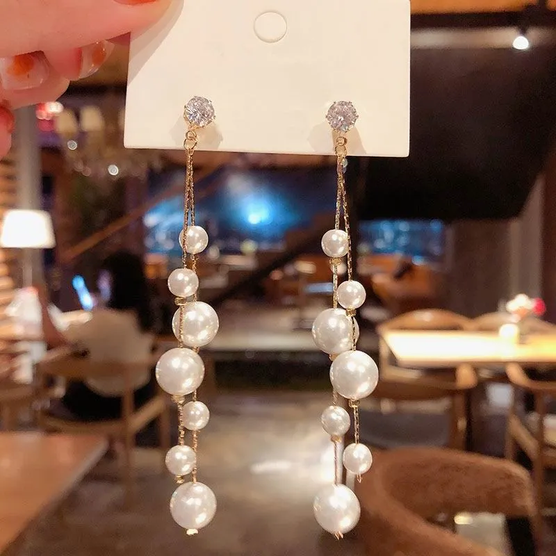 Korean Big Small Pearl Long Drop Earrings For Women