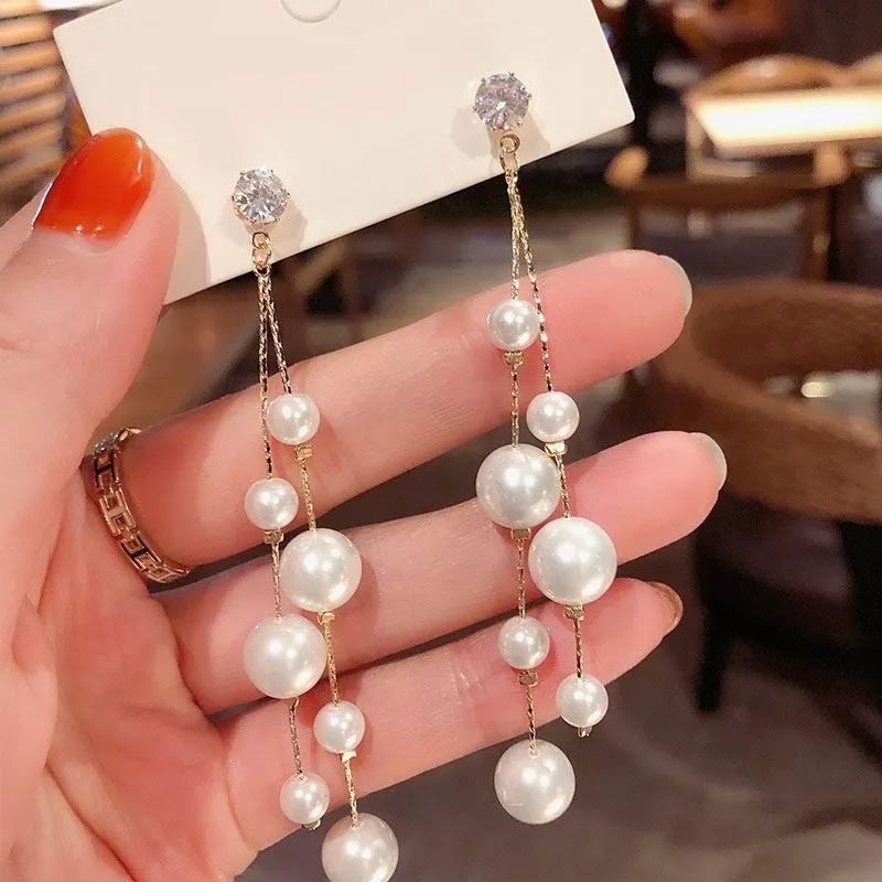 Korean Big Small Pearl Long Drop Earrings For Women