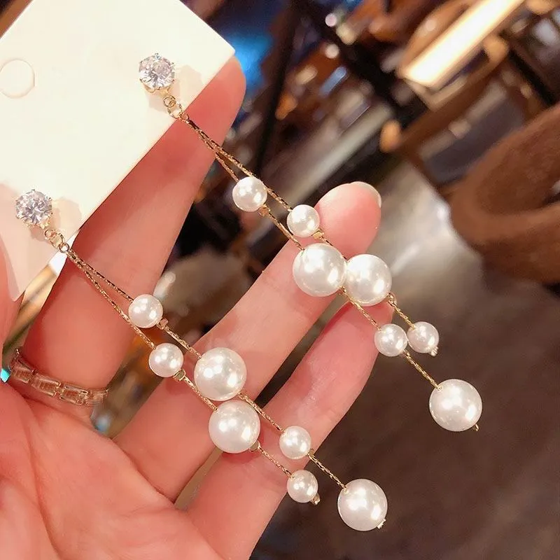 Korean Big Small Pearl Long Drop Earrings For Women