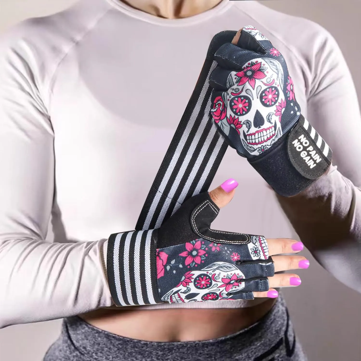 Ladies Weight Lifting Gym Gloves Skull Pink 1 Pair