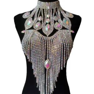 Luxury SS28 Rhinestones Long Tassel Crystal Big Drop Chocker for Women Men