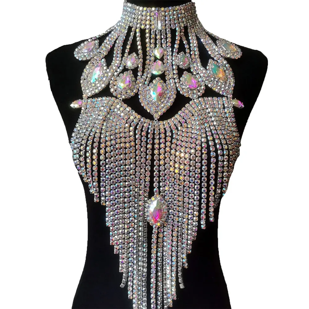 Luxury SS28 Rhinestones Long Tassel Crystal Big Drop Chocker for Women Men