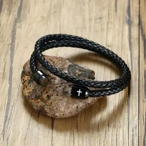 MEALGUET Leather Cross Bracelets for Men : Black Genuine Braided Double Wrap Jesus Cross Braided Leather Bracelets with Stainless Steel Clasp for Men Boyfriend,Christian Gifts Jewelry