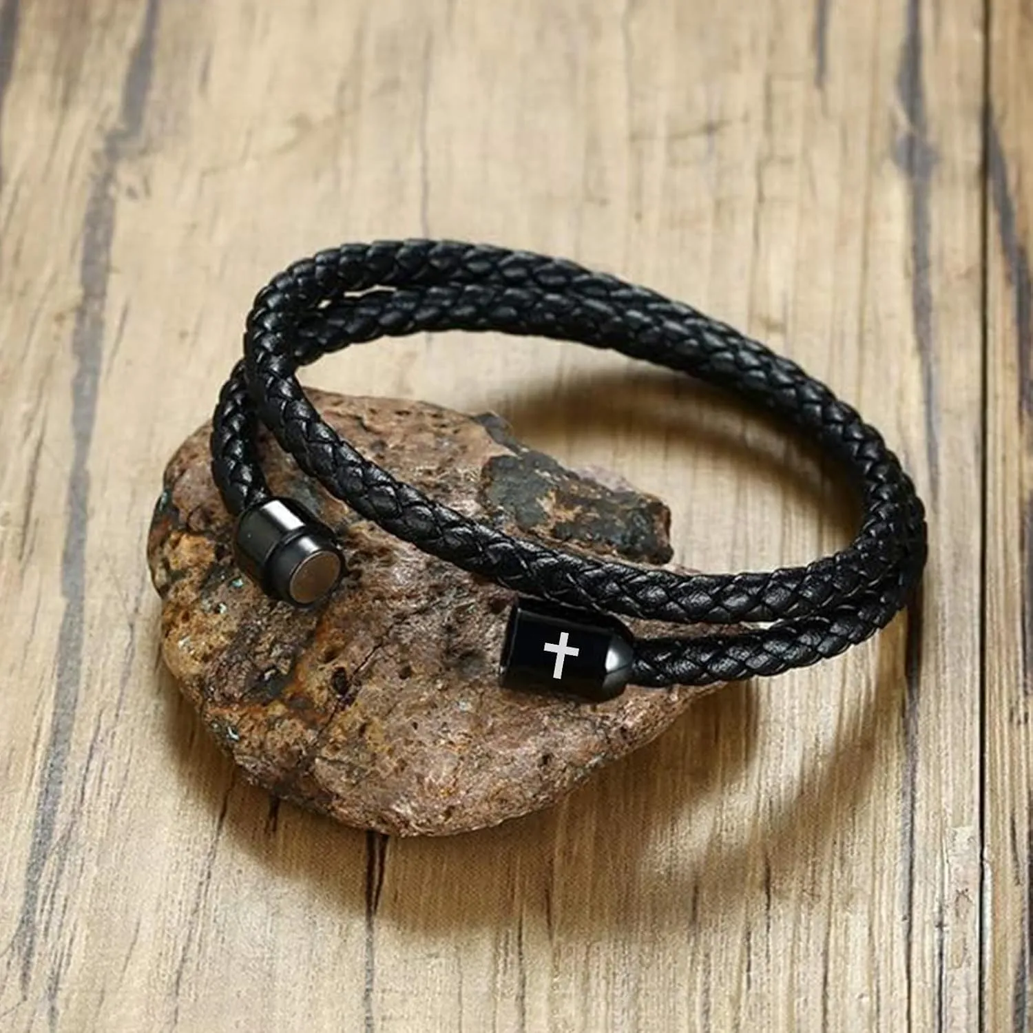 MEALGUET Leather Cross Bracelets for Men : Black Genuine Braided Double Wrap Jesus Cross Braided Leather Bracelets with Stainless Steel Clasp for Men Boyfriend,Christian Gifts Jewelry