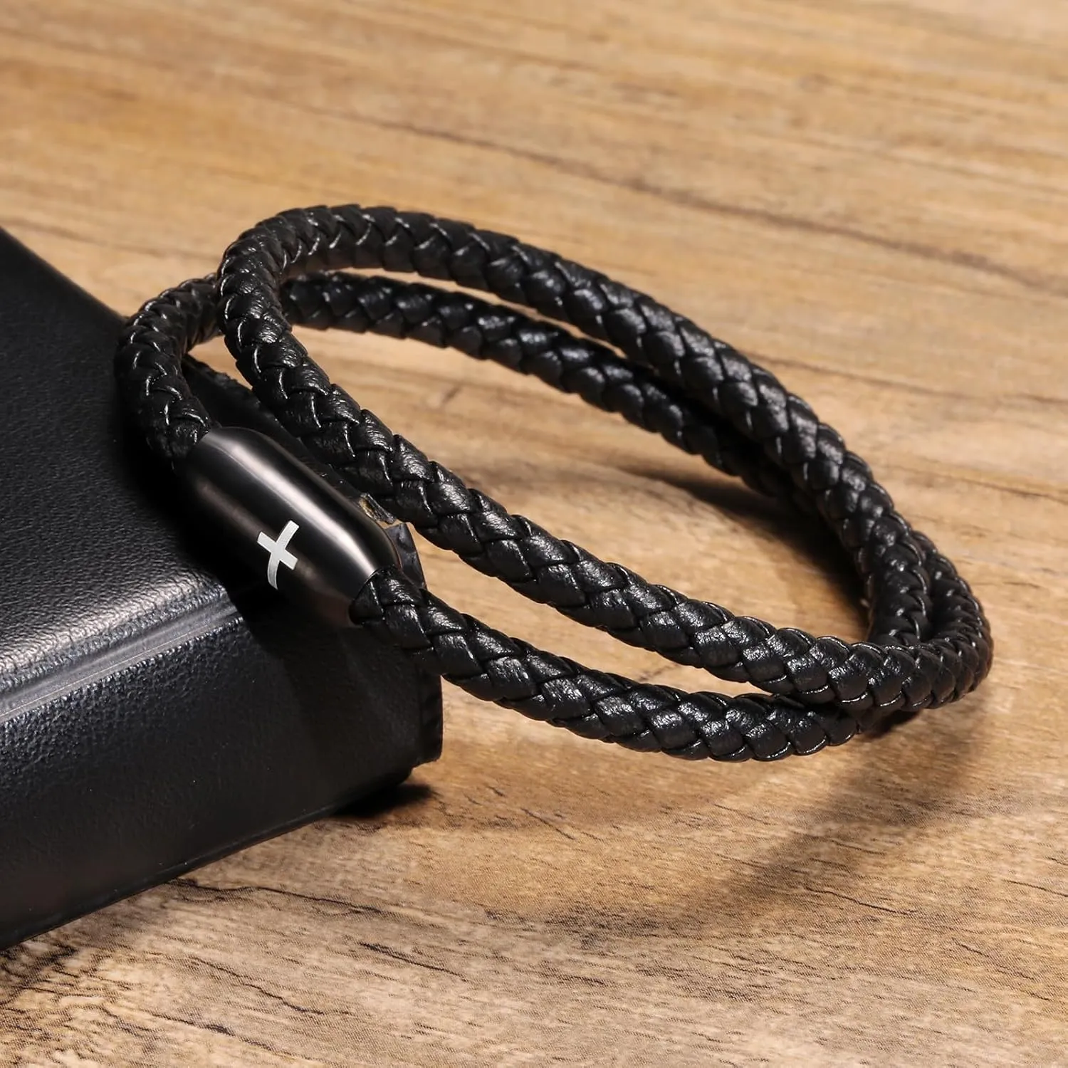 MEALGUET Leather Cross Bracelets for Men : Black Genuine Braided Double Wrap Jesus Cross Braided Leather Bracelets with Stainless Steel Clasp for Men Boyfriend,Christian Gifts Jewelry
