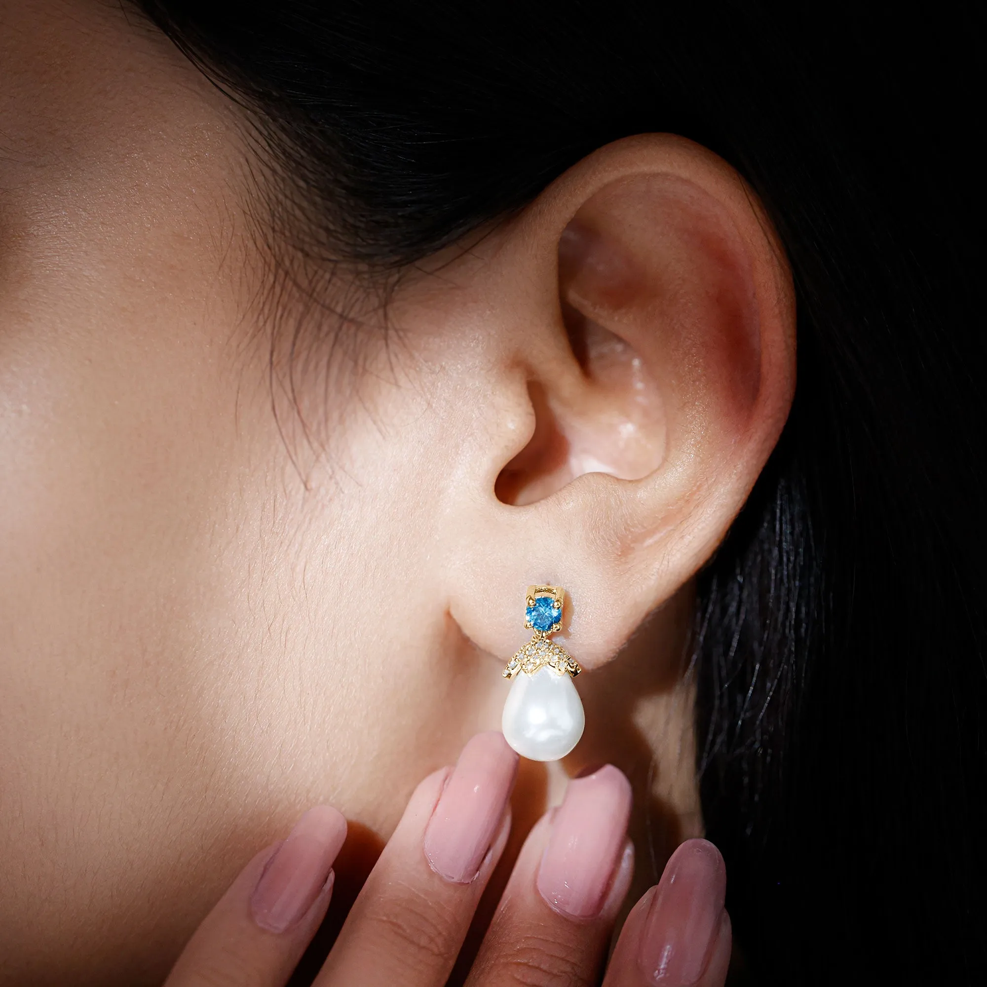 Minimal Freshwater Pearl Drop Earrings with Swiss Blue Topaz