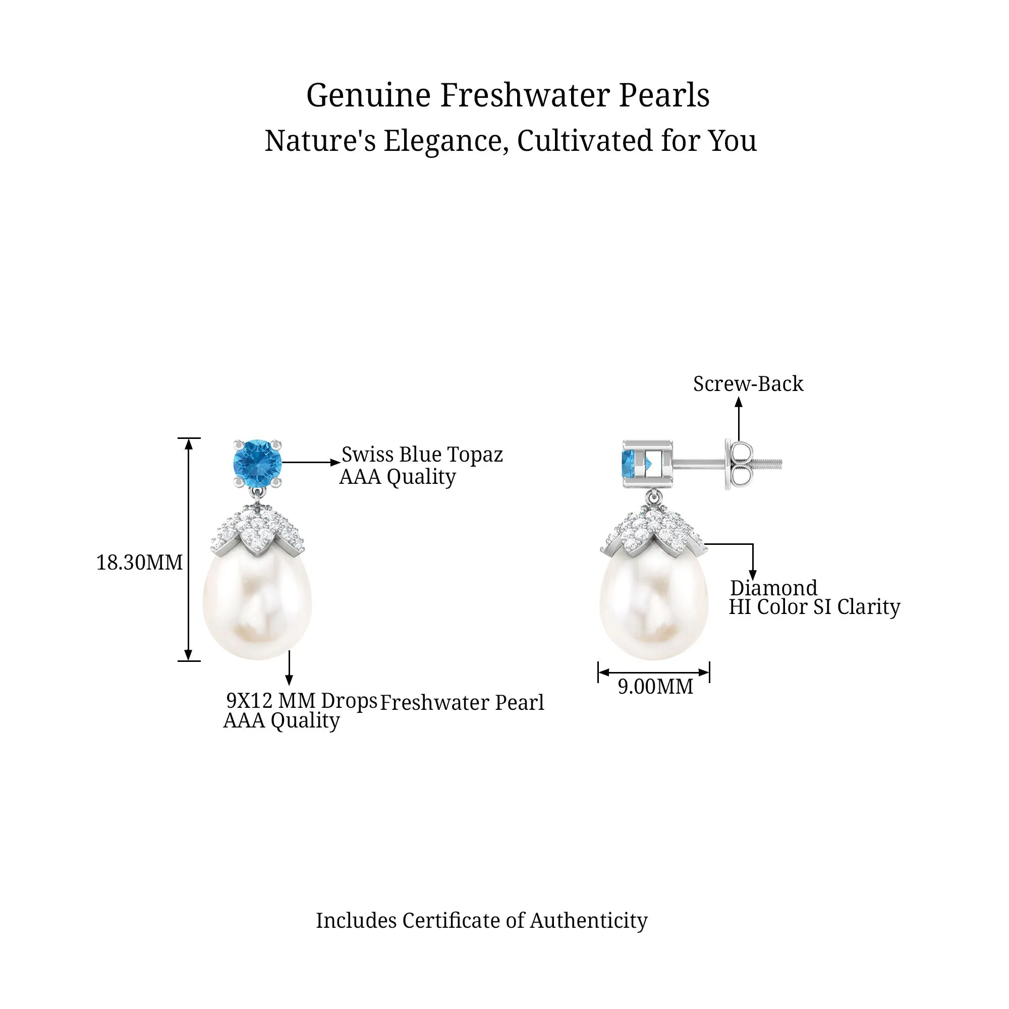 Minimal Freshwater Pearl Drop Earrings with Swiss Blue Topaz