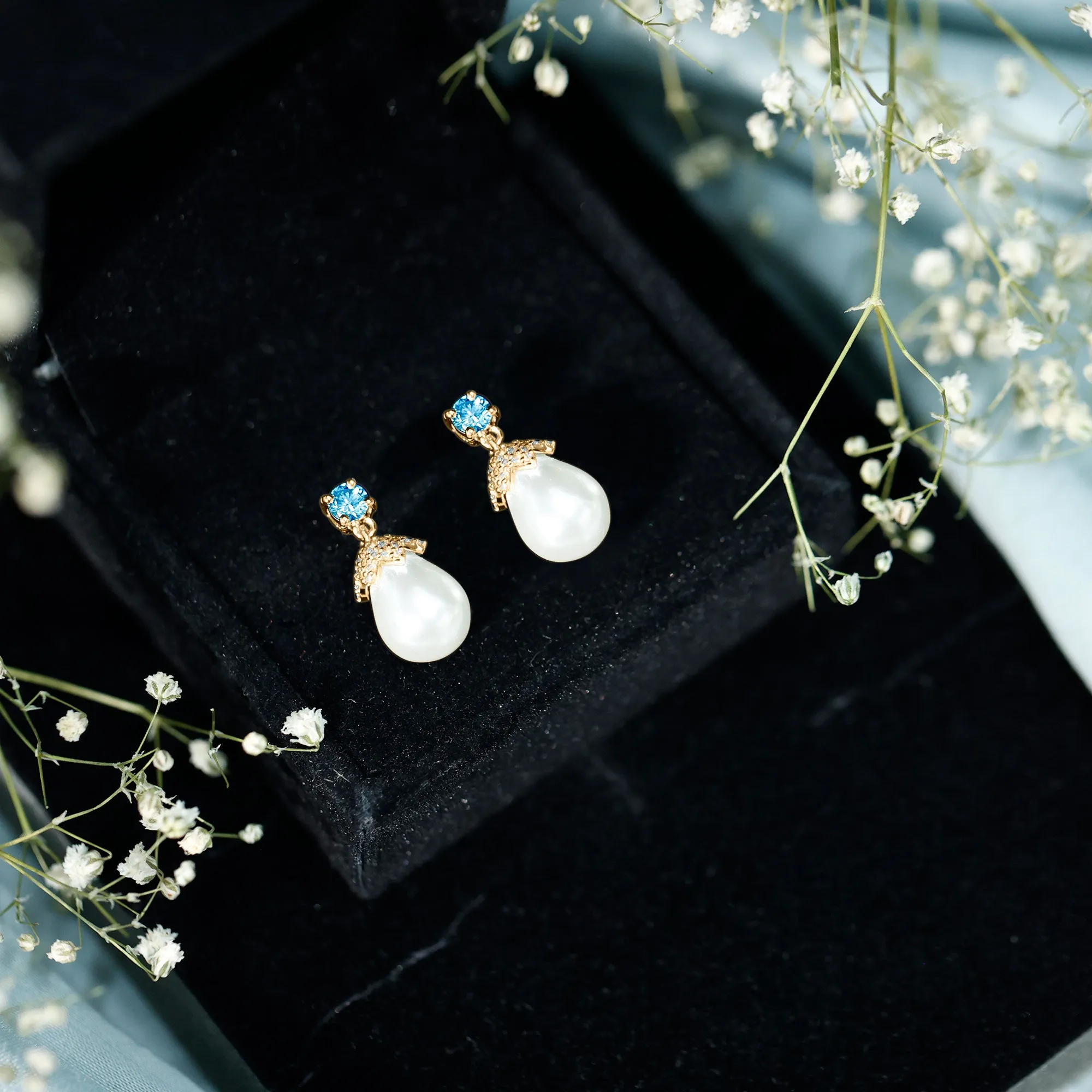 Minimal Freshwater Pearl Drop Earrings with Swiss Blue Topaz