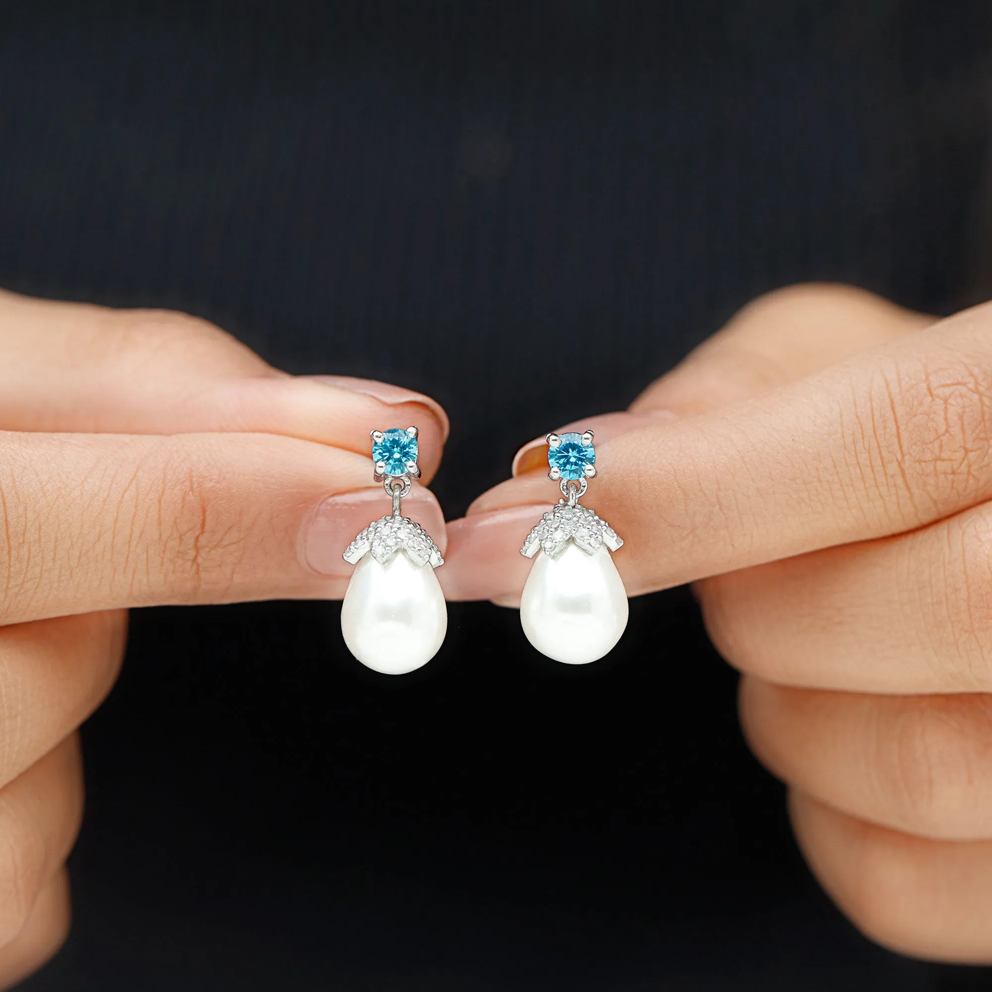 Minimal Freshwater Pearl Drop Earrings with Swiss Blue Topaz