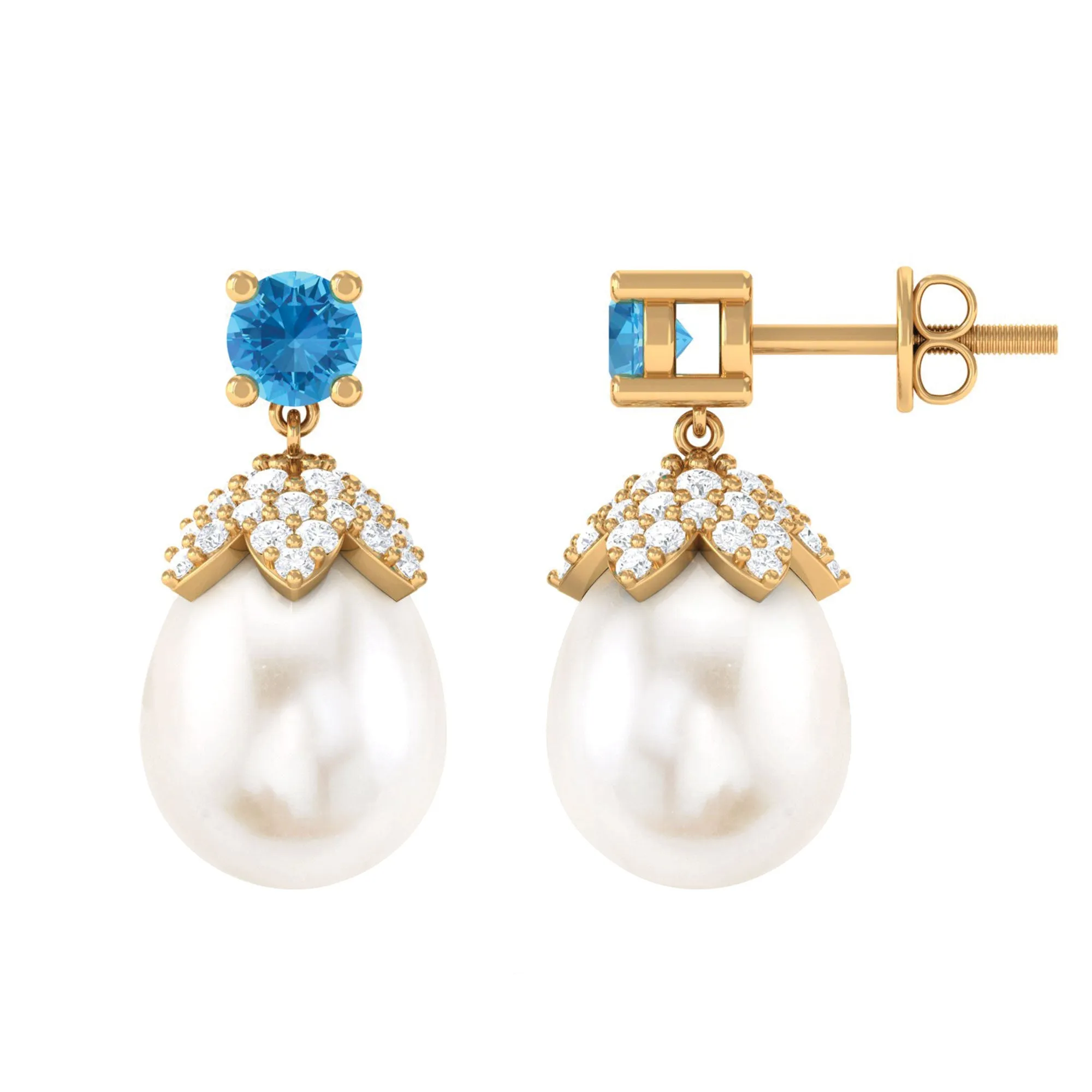 Minimal Freshwater Pearl Drop Earrings with Swiss Blue Topaz
