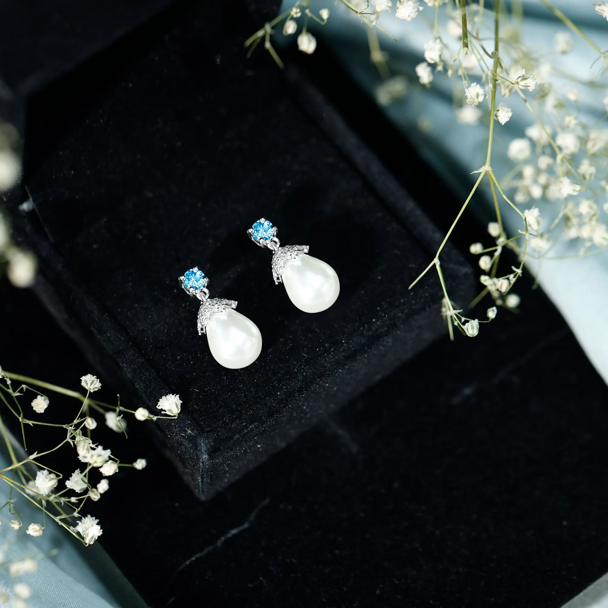 Minimal Freshwater Pearl Drop Earrings with Swiss Blue Topaz