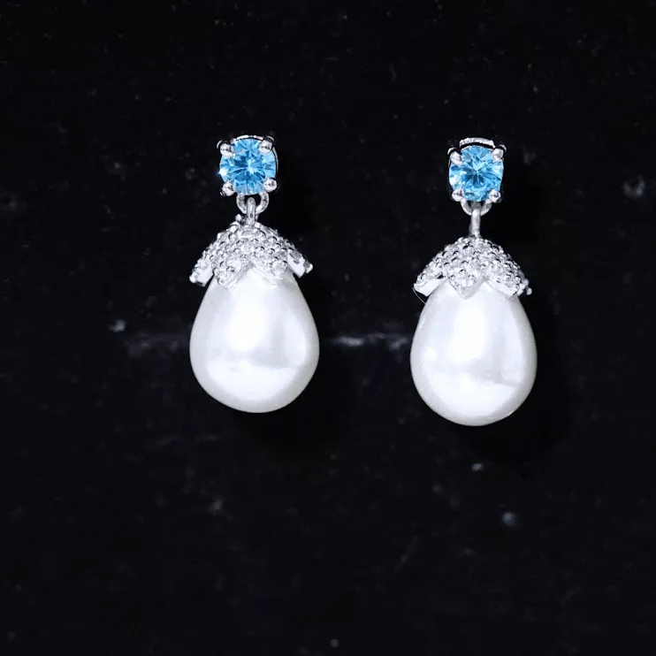 Minimal Freshwater Pearl Drop Earrings with Swiss Blue Topaz