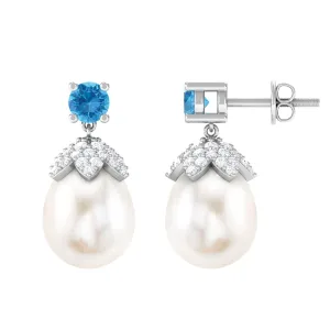 Minimal Freshwater Pearl Drop Earrings with Swiss Blue Topaz