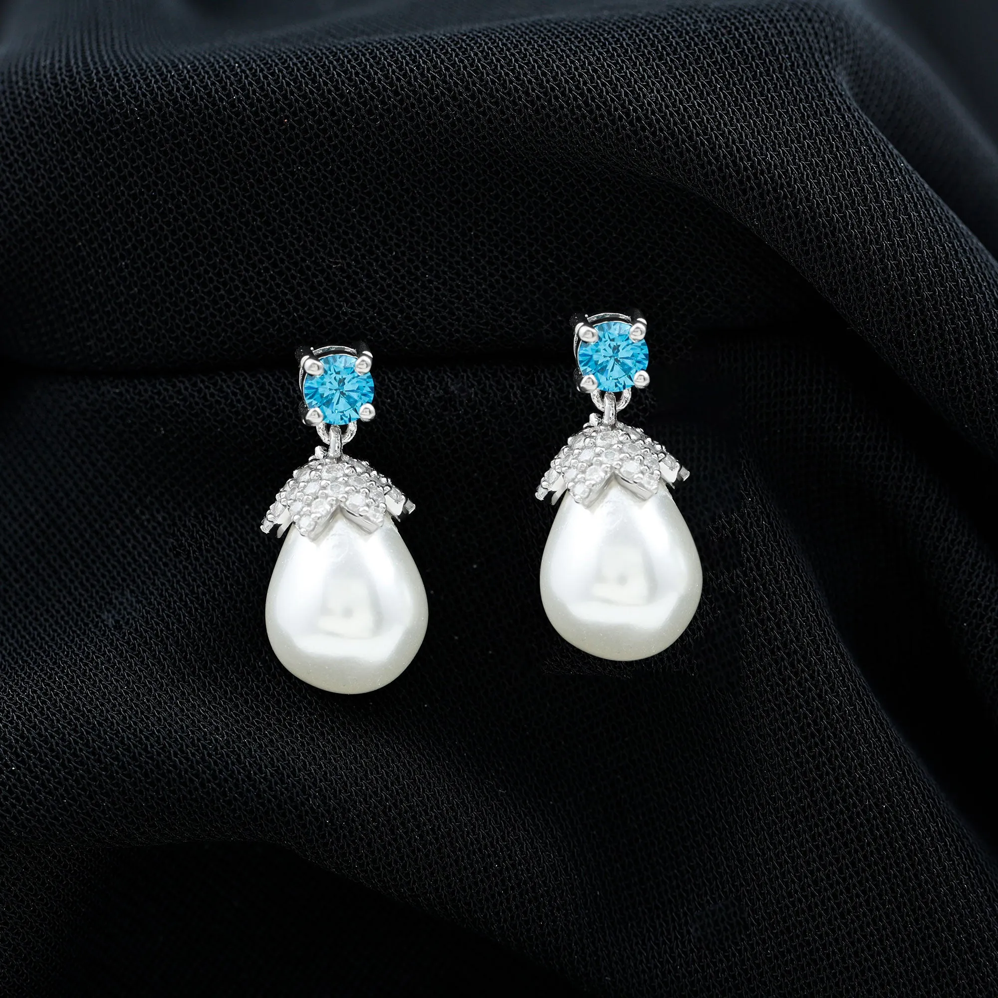 Minimal Freshwater Pearl Drop Earrings with Swiss Blue Topaz