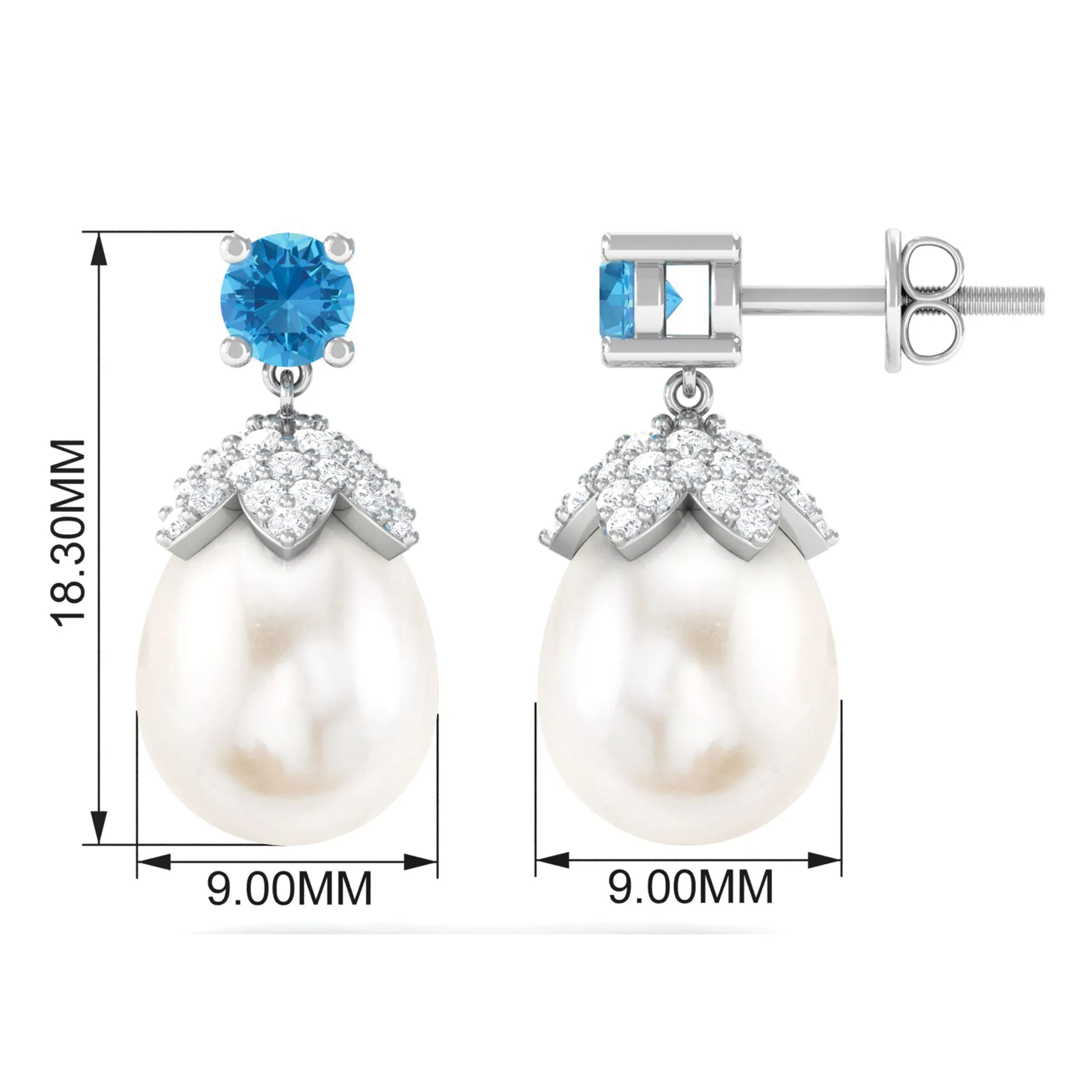 Minimal Freshwater Pearl Drop Earrings with Swiss Blue Topaz