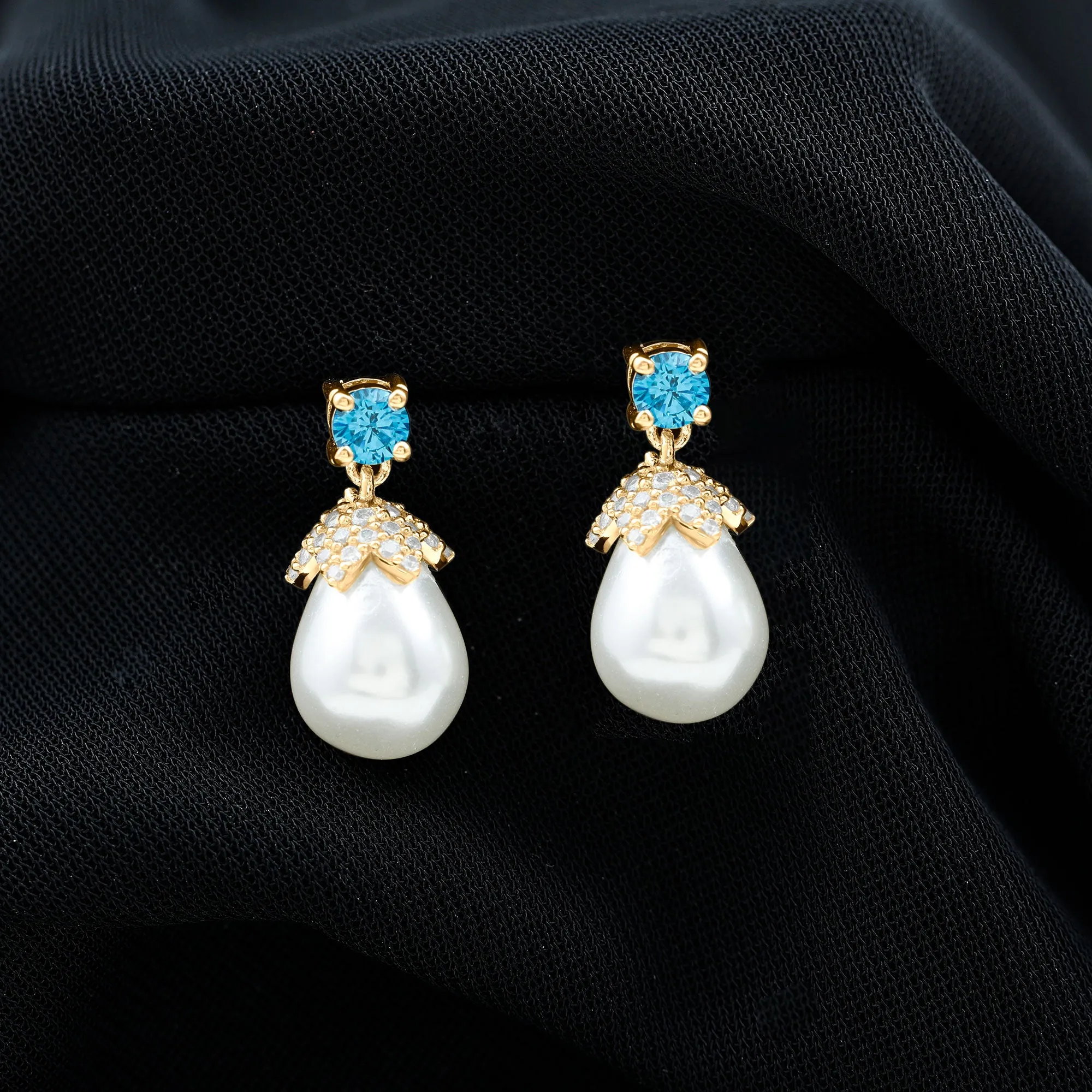 Minimal Freshwater Pearl Drop Earrings with Swiss Blue Topaz