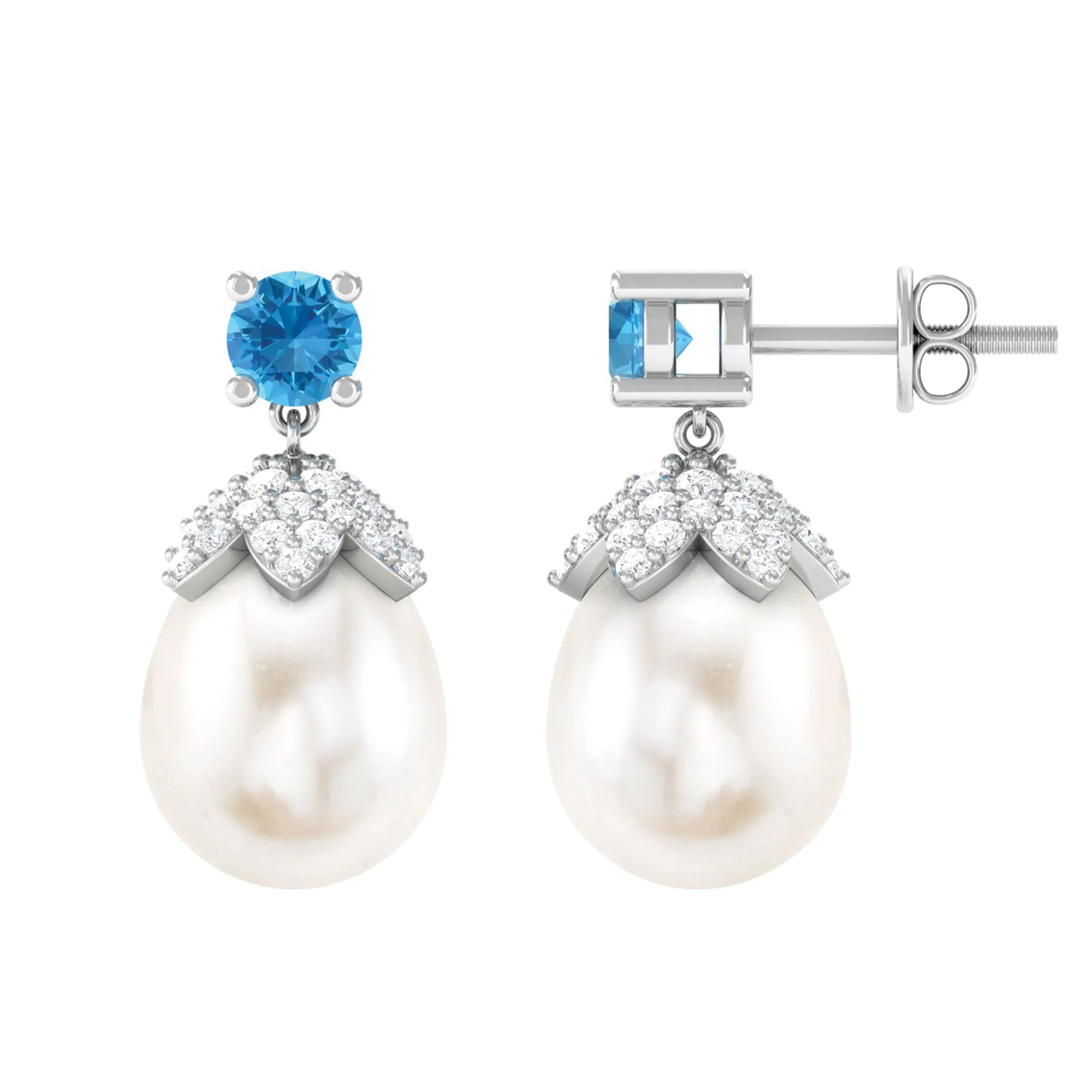 Minimal Freshwater Pearl Drop Earrings with Swiss Blue Topaz