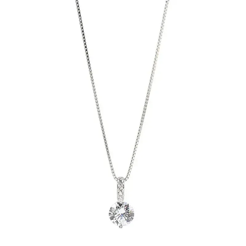 Modern Luxury 925 Sterling Silver Round Crystal Pendant Necklace for Women Minimalist Style Charm Chain Fine Jewelry Accessories