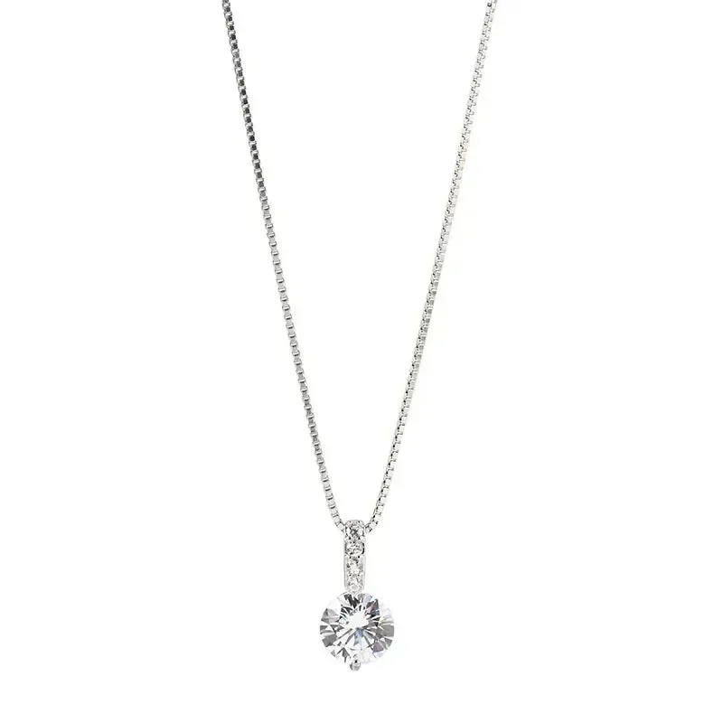Modern Luxury 925 Sterling Silver Round Crystal Pendant Necklace for Women Minimalist Style Charm Chain Fine Jewelry Accessories