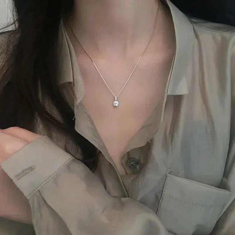 Modern Luxury 925 Sterling Silver Round Crystal Pendant Necklace for Women Minimalist Style Charm Chain Fine Jewelry Accessories