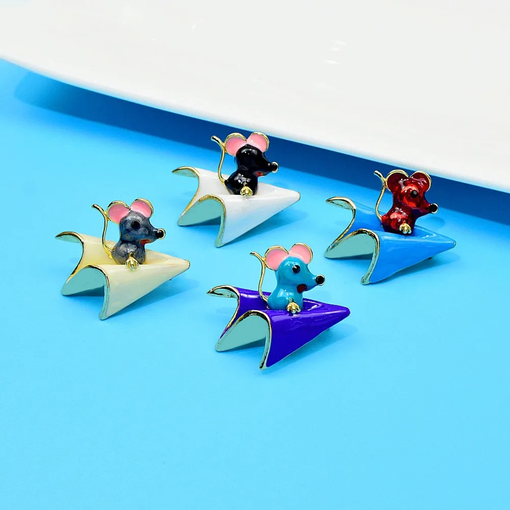 Mouse On Paper Plane Brooch Enamel Animal Pin