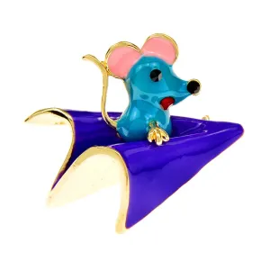 Mouse On Paper Plane Brooch Enamel Animal Pin
