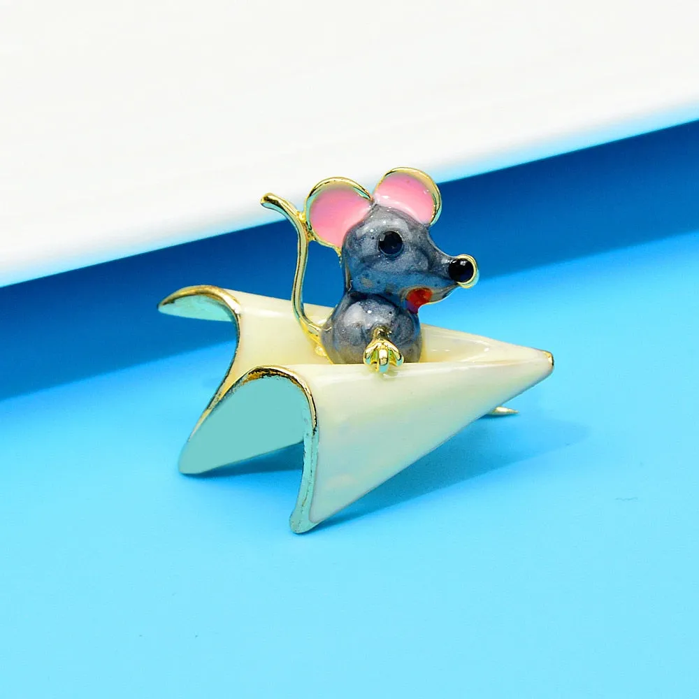 Mouse On Paper Plane Brooch Enamel Animal Pin