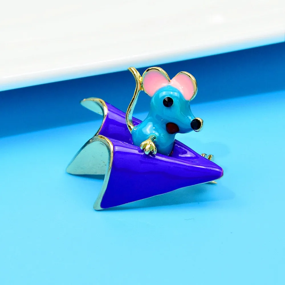 Mouse On Paper Plane Brooch Enamel Animal Pin