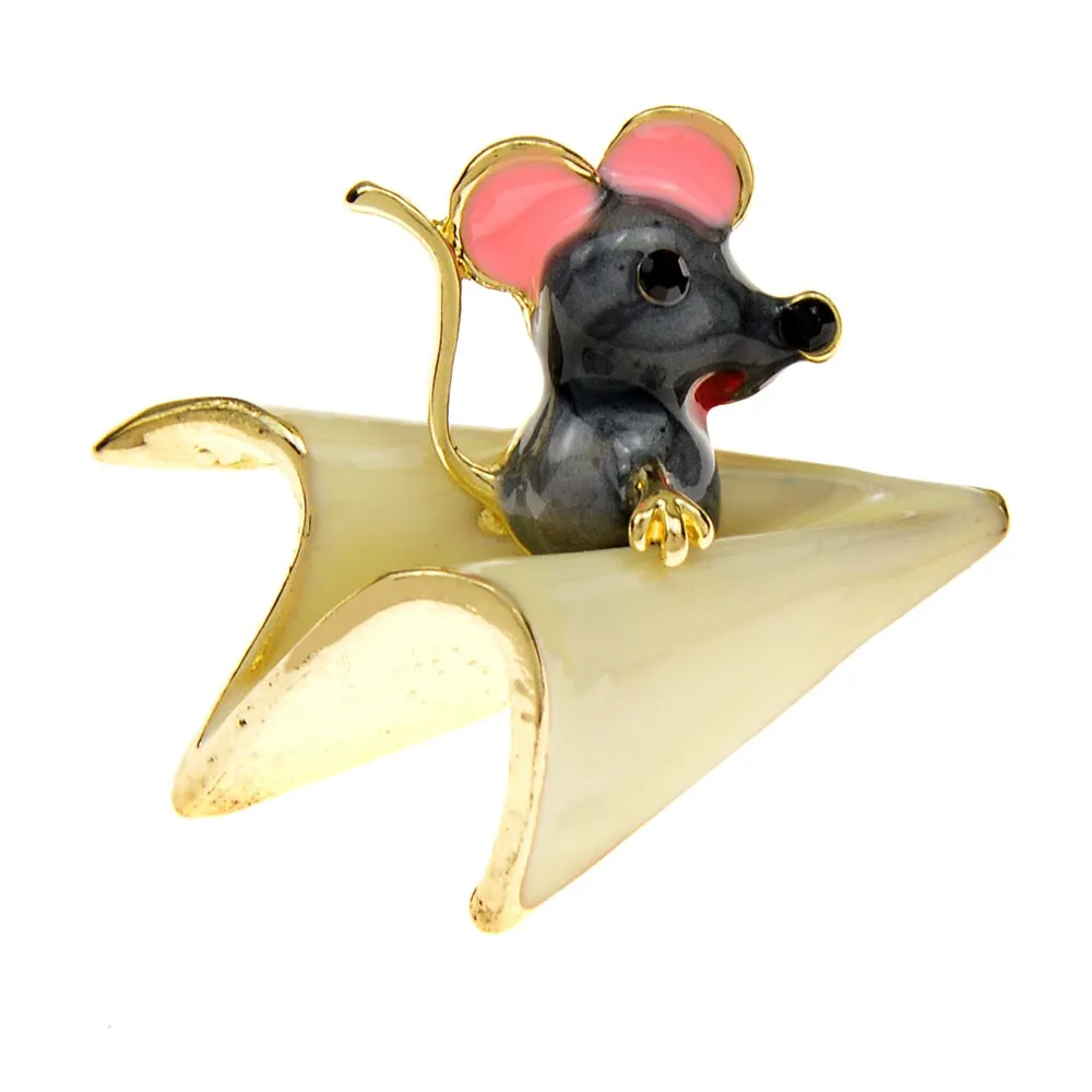 Mouse On Paper Plane Brooch Enamel Animal Pin