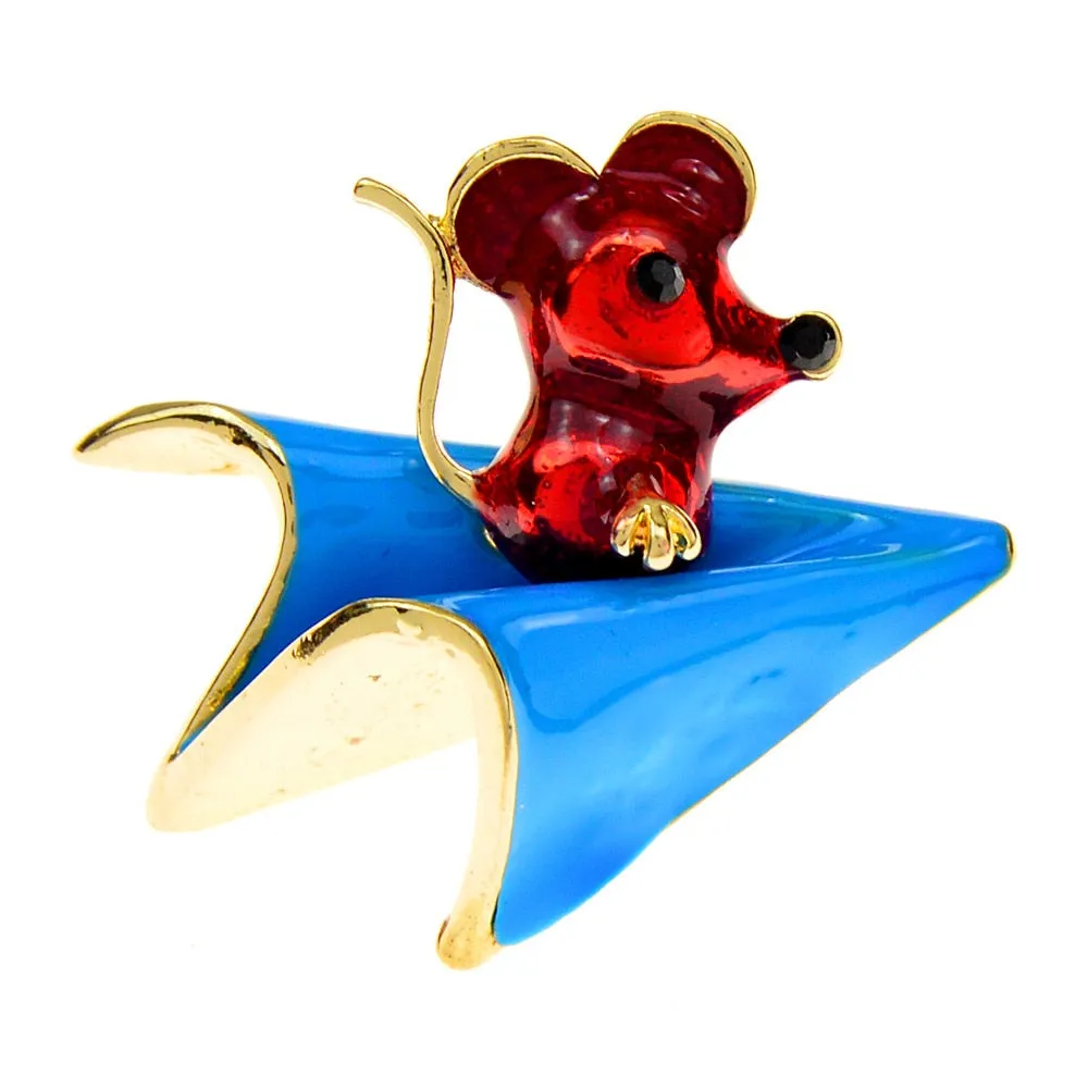 Mouse On Paper Plane Brooch Enamel Animal Pin