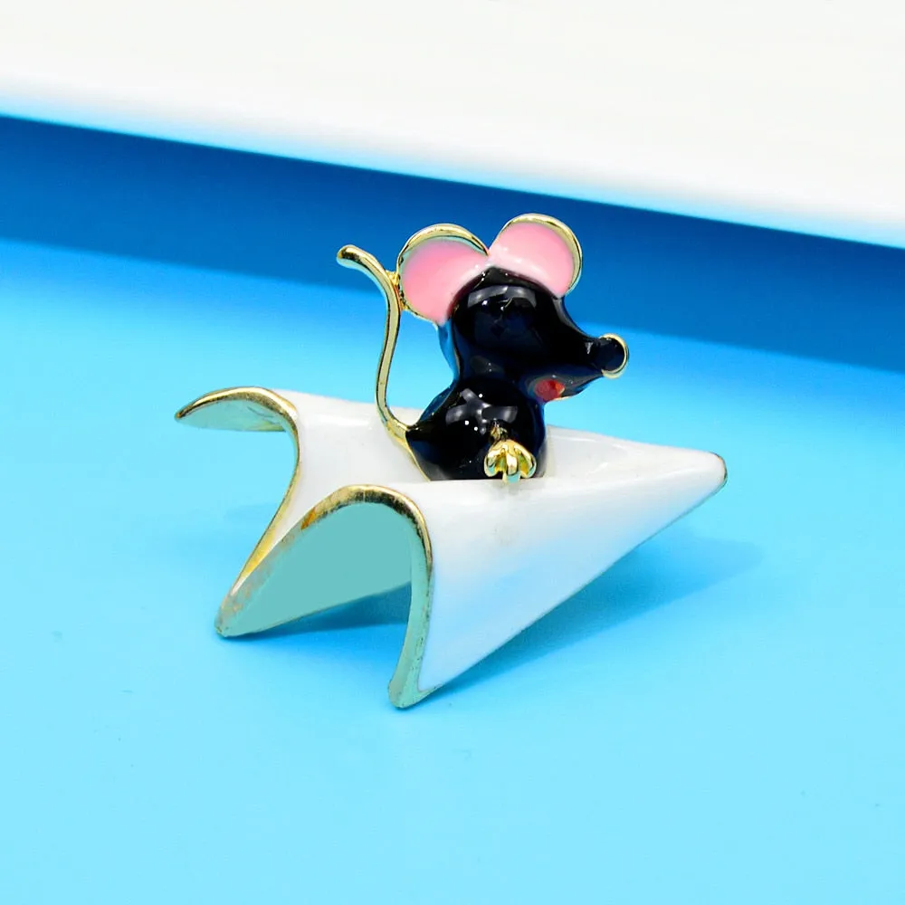 Mouse On Paper Plane Brooch Enamel Animal Pin