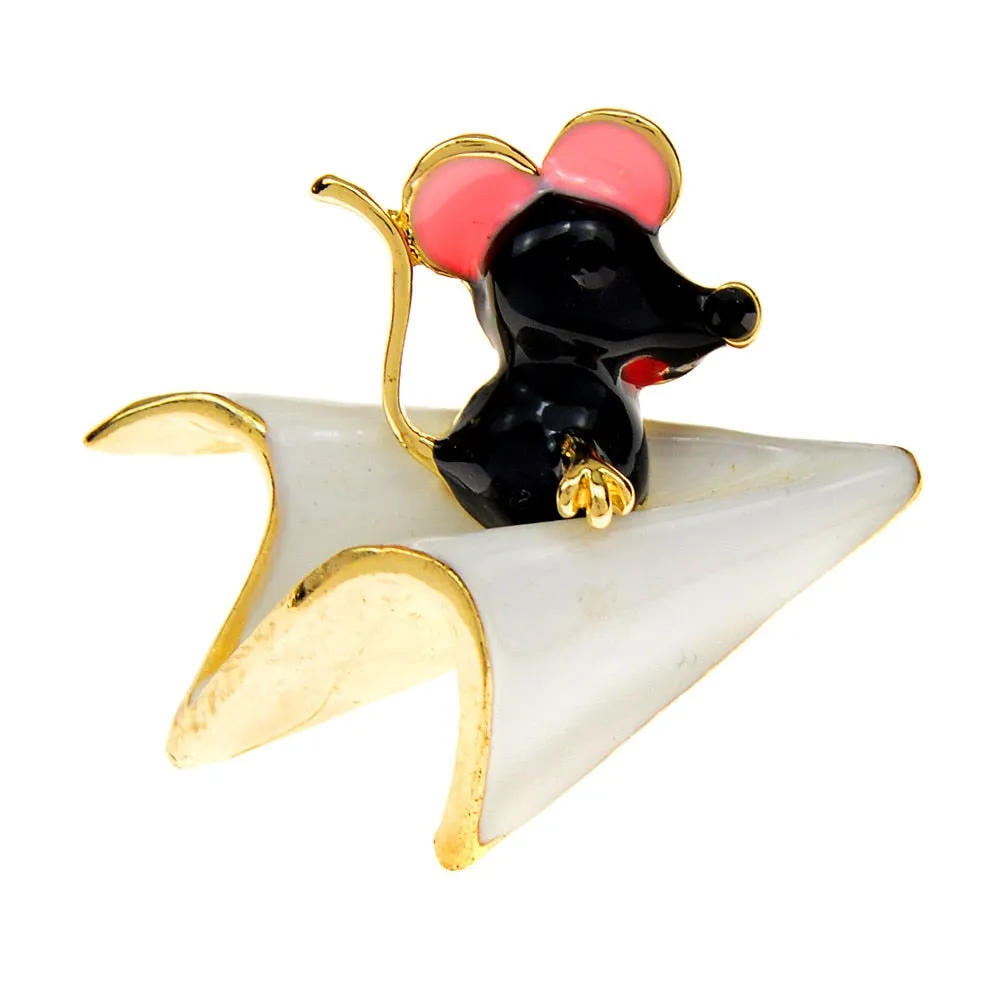 Mouse On Paper Plane Brooch Enamel Animal Pin