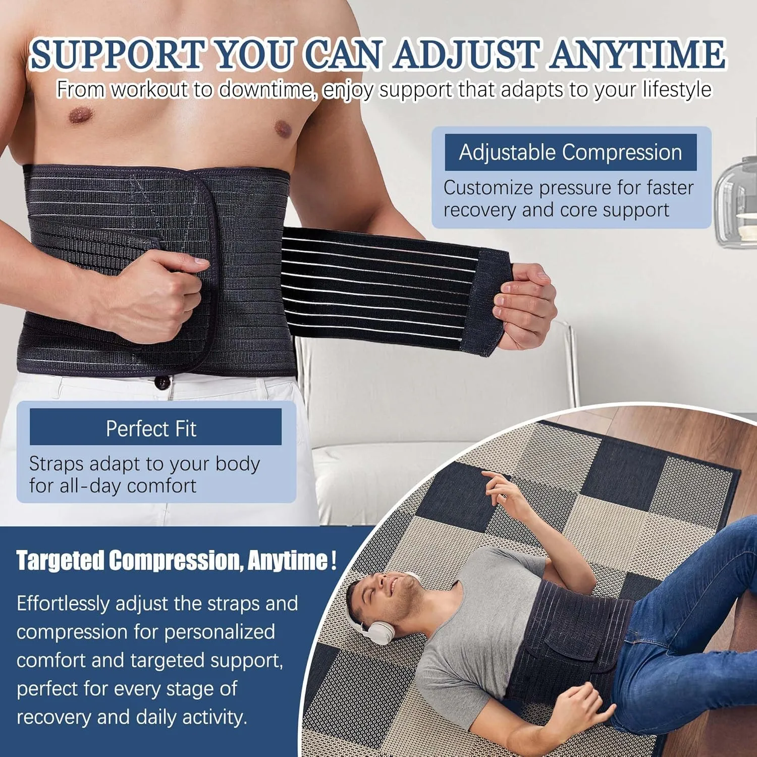 Reian Abdominal Binder for Men  Post-Surgery Support and Core Stability, Adjustable Compression Wrap (Black, X-Large)