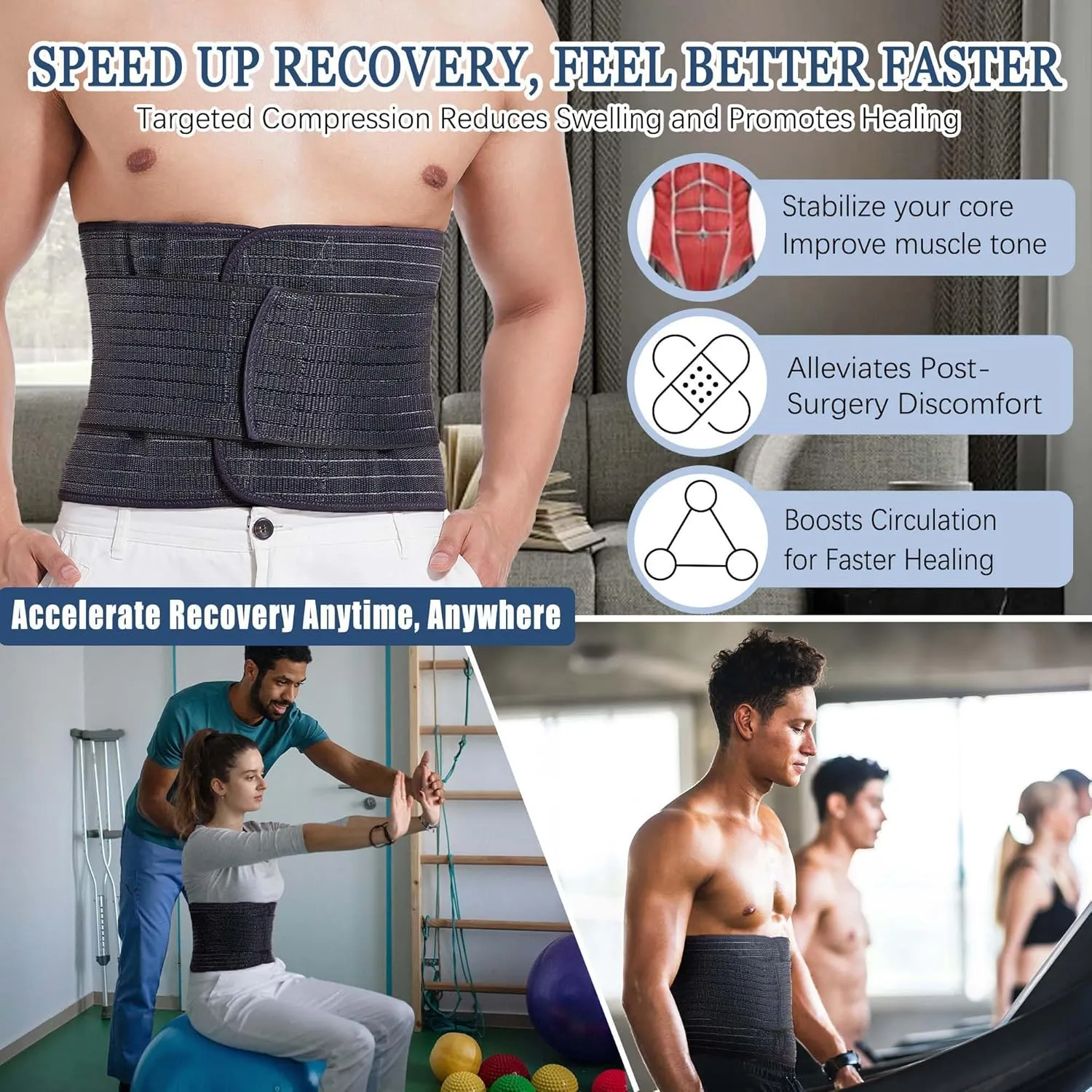 Reian Abdominal Binder for Men  Post-Surgery Support and Core Stability, Adjustable Compression Wrap (Black, X-Large)