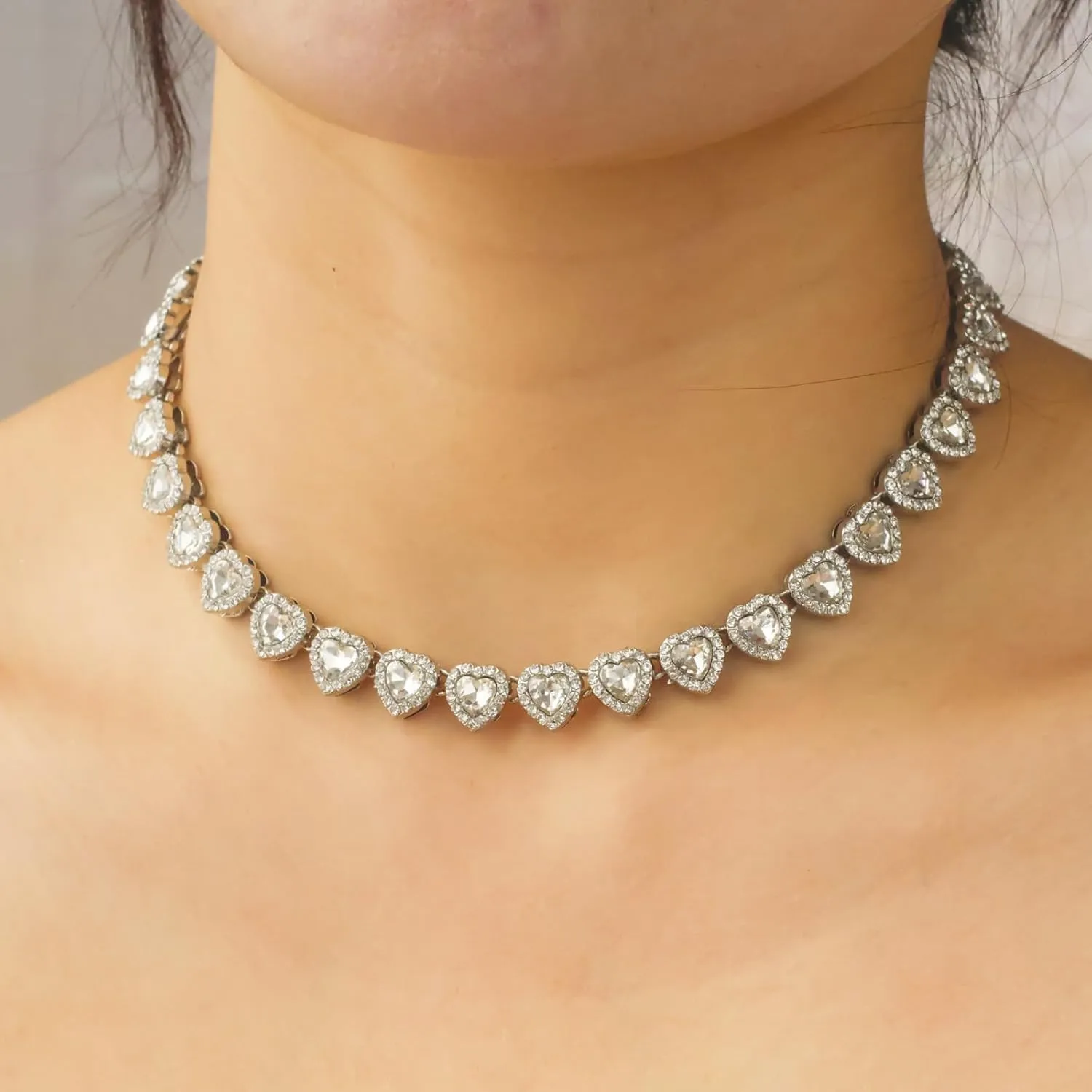 Rhinestone hearts necklace, Iced Out Hearts JewelrySilver tennis necklace for womenHearts tennis necklaces