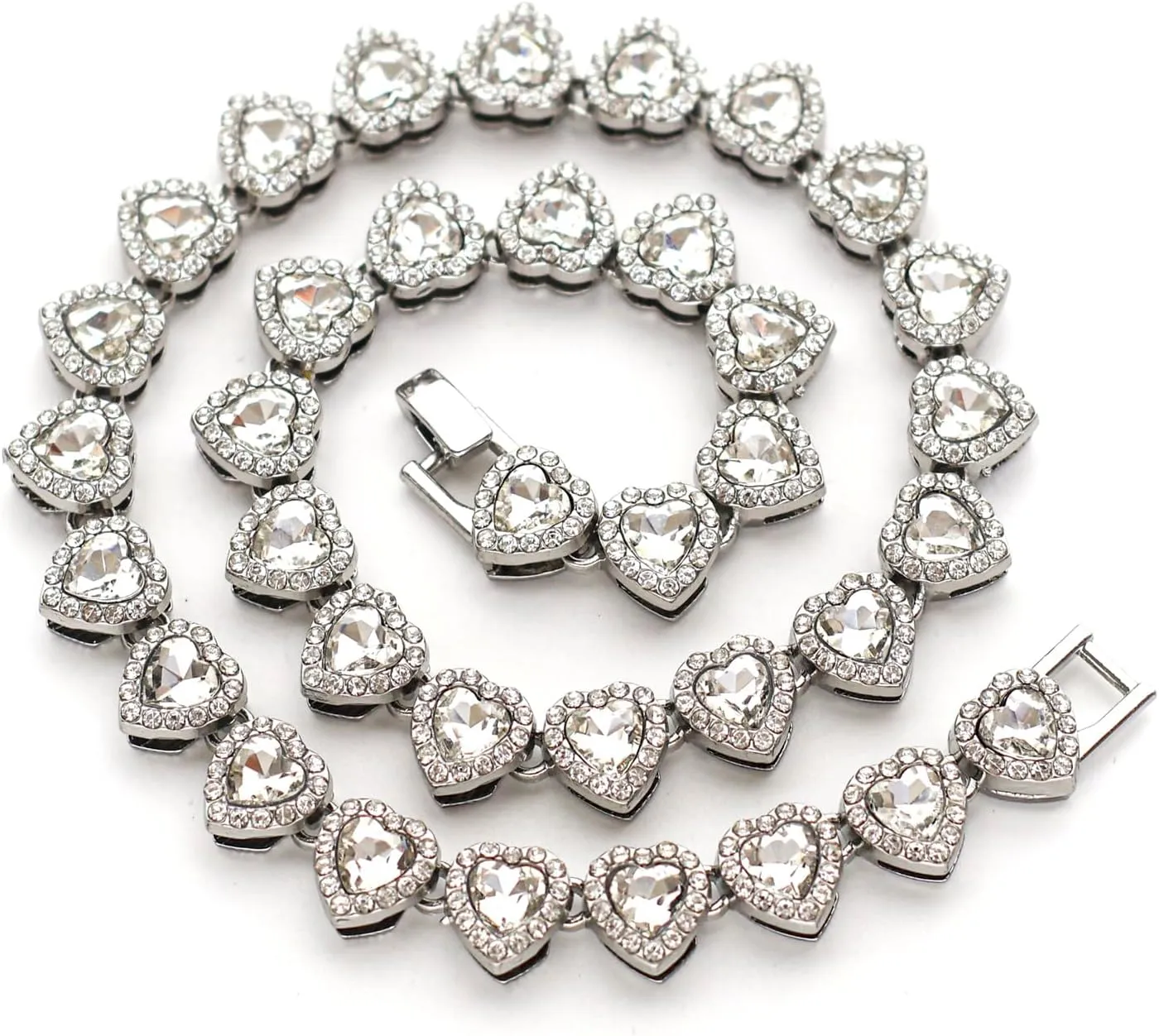 Rhinestone hearts necklace, Iced Out Hearts JewelrySilver tennis necklace for womenHearts tennis necklaces