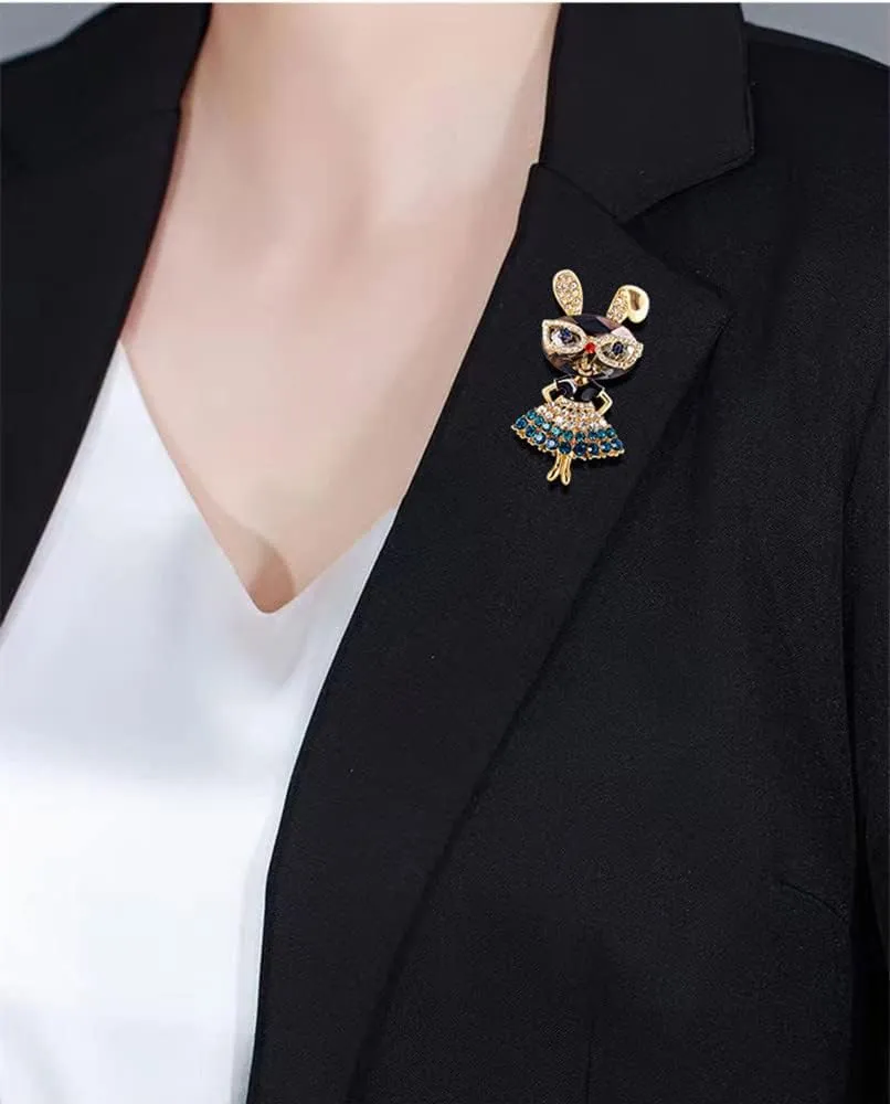 Rhinestone Lady Rabbit Brooch Pin for Women Girls Fashion Gold Plated Crystal Bunny Animal Brooches Lapel Pins Dainty Cute Graduation Honors Easter Jewelry Gift for Daughter Teacher Students