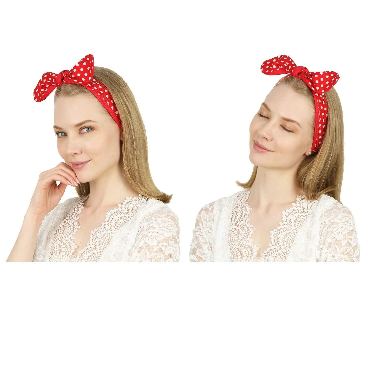 Sea Team Cotton Headband Bows Red with White Polka Dots Double Wide Headwrap Cotton Head Band