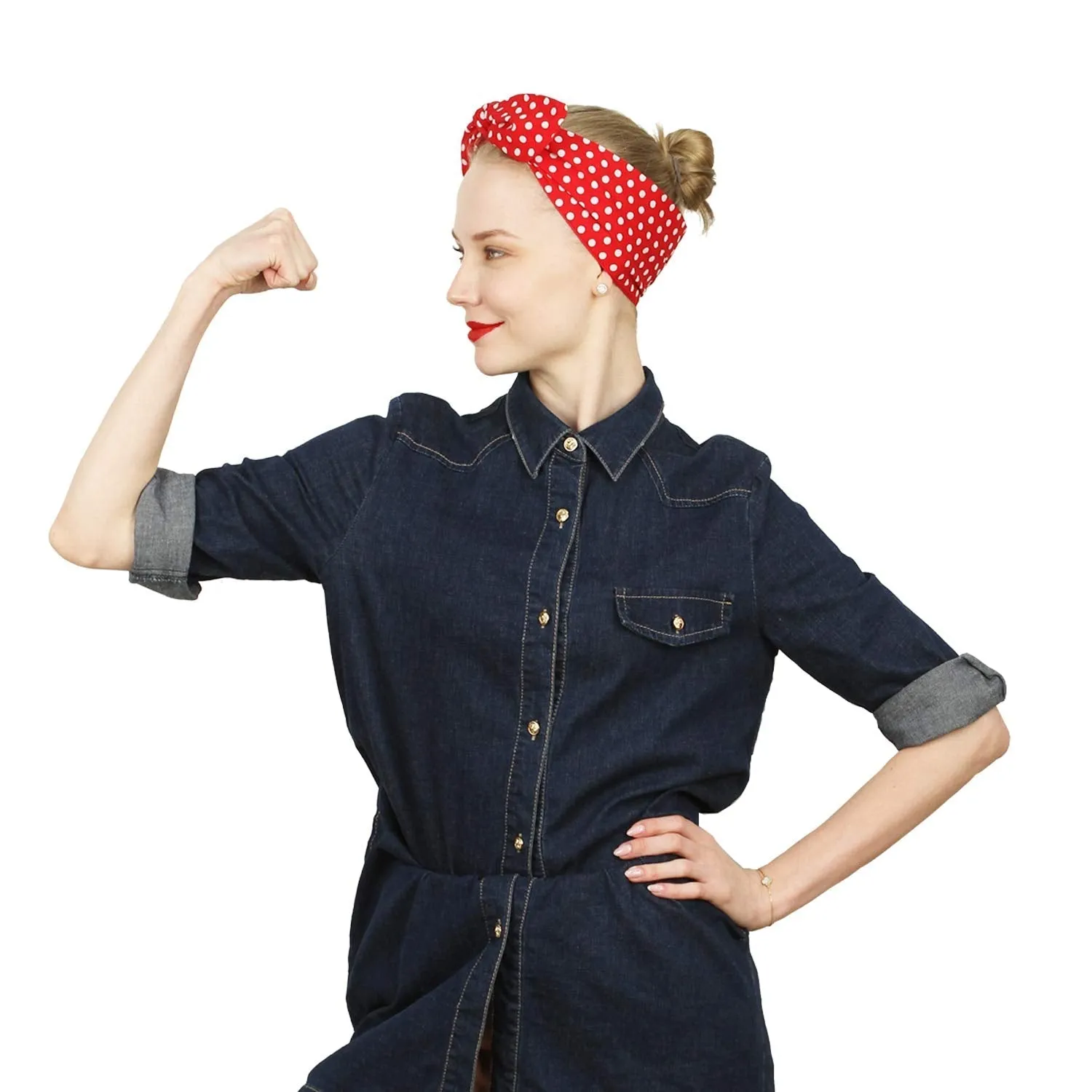 Sea Team Cotton Headband Bows Red with White Polka Dots Double Wide Headwrap Cotton Head Band