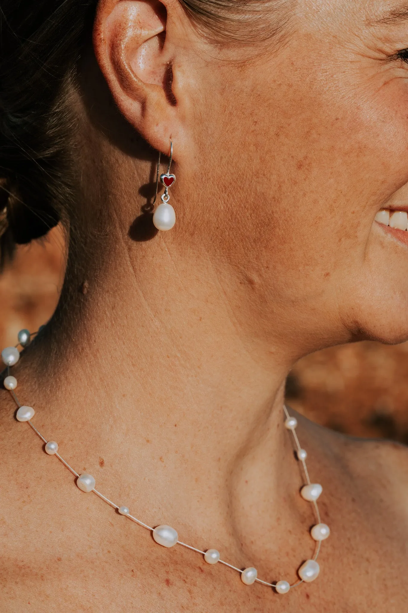 Silver and Red Love Heart Pearl Earrings