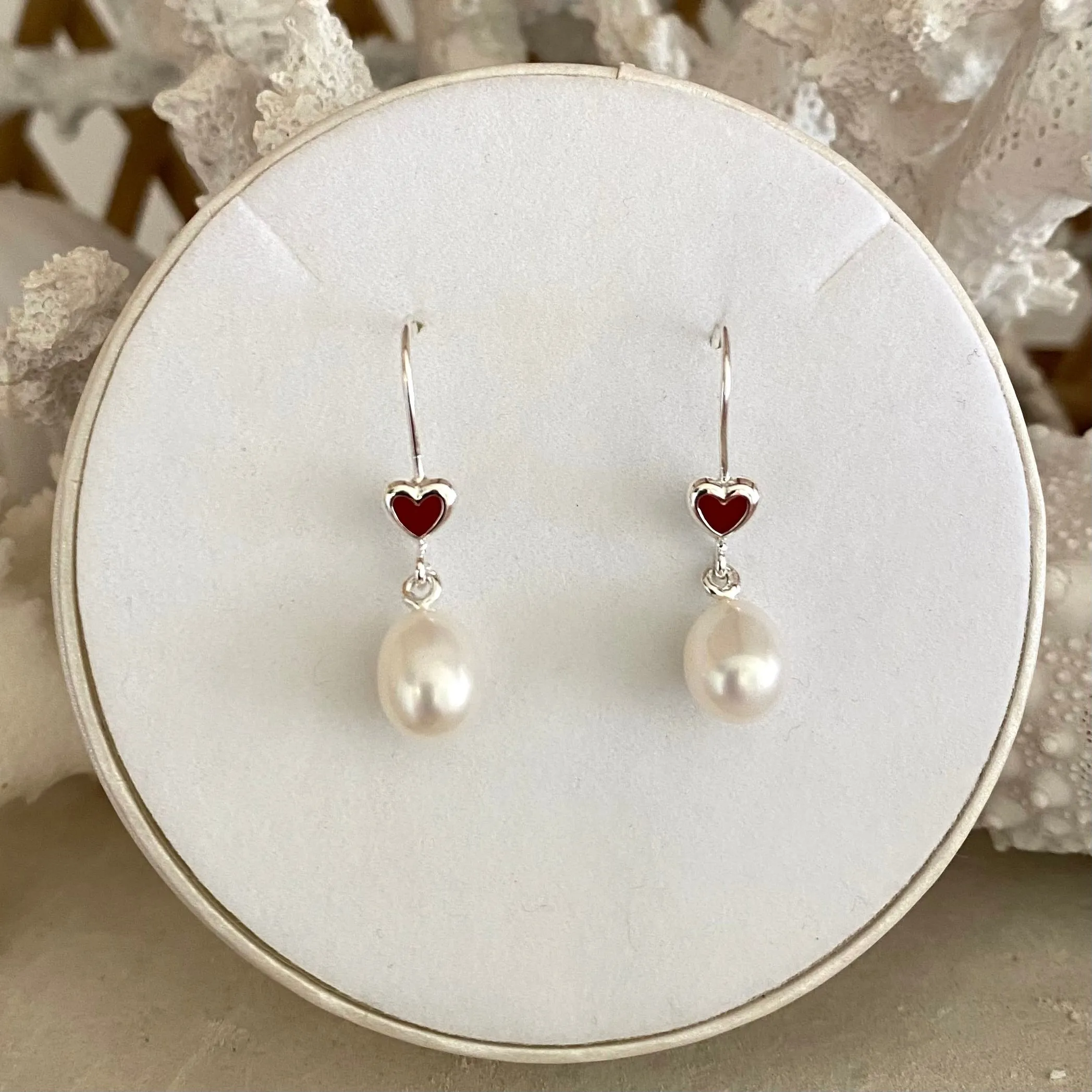 Silver and Red Love Heart Pearl Earrings