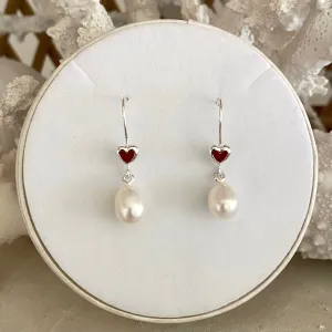 Silver and Red Love Heart Pearl Earrings